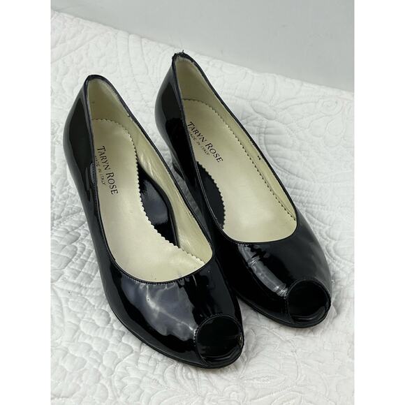 Taryn Rose Womens 36M (5.5 US Size) Black Patent Slip On Wedge Heel Peekaboo Toe - Picture 1 of 9